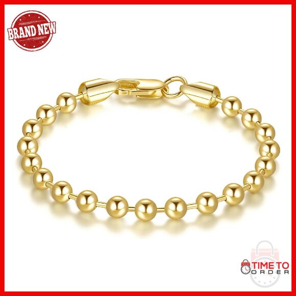 14K Gold Plated Bead Chain Bracelet Unisex 5mm 6.5-9in Stackable